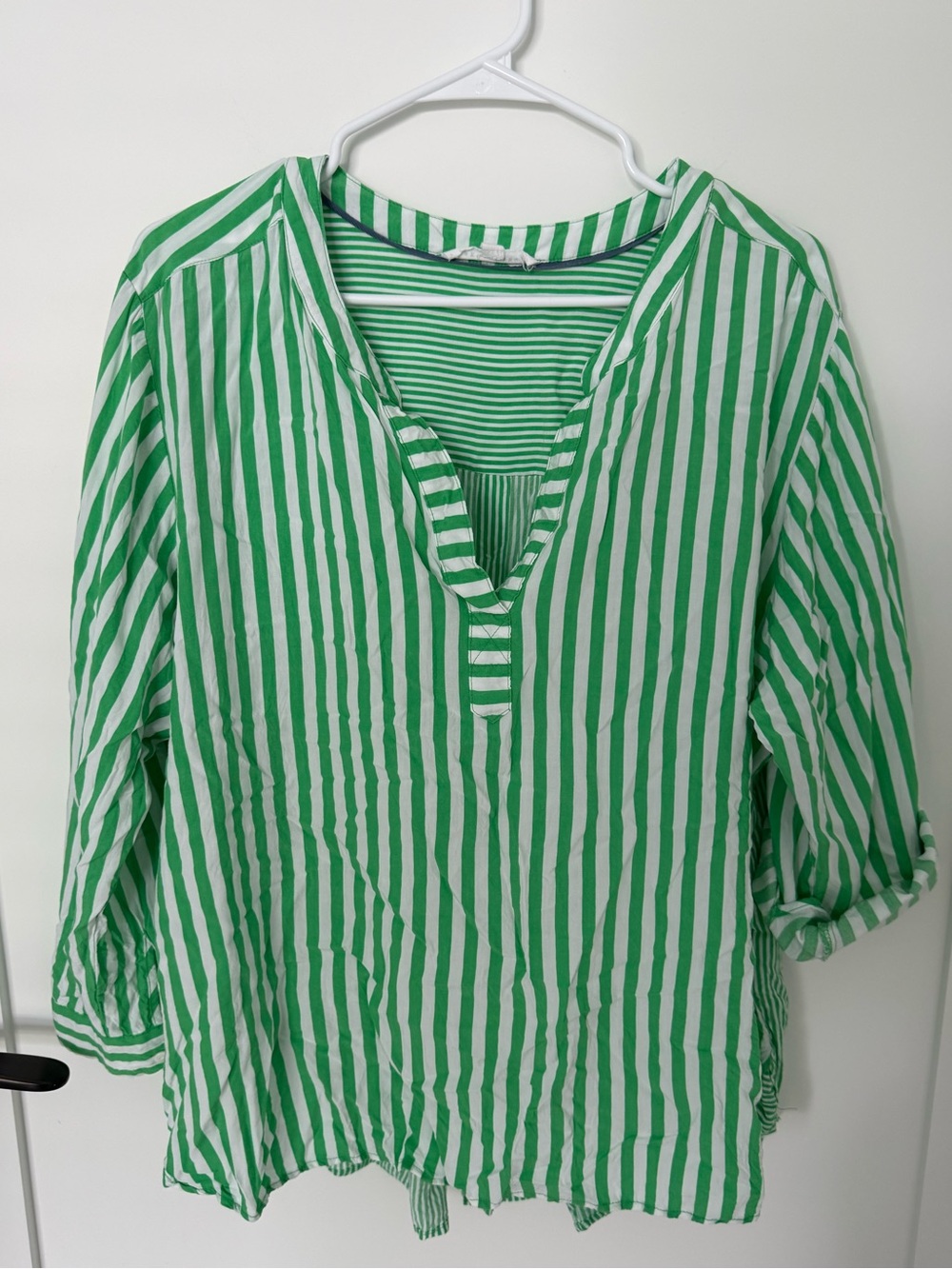 Jane + Delancey green and white stripe split neck top with roll-tab sleeves